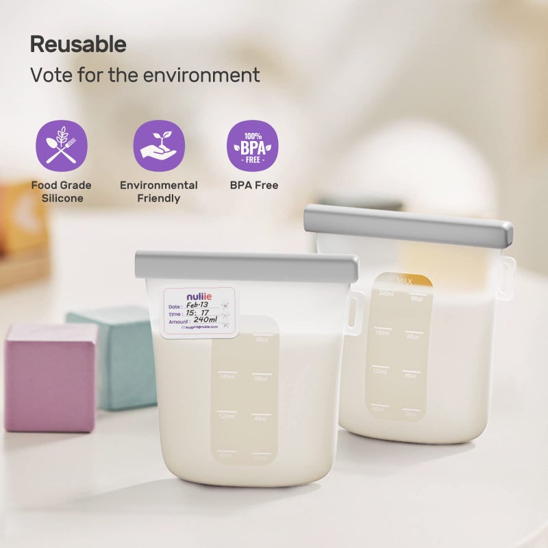 Nuliie 7 Pcs Silicone Breastmilk Storage Bags Reusable, 8oz/240ml Double Leak-Proof Breastmilk Freezer Bags, BPA Free Self-Standing Milk Bags for Breastfeeding, Baby Food Pouches - Image 5